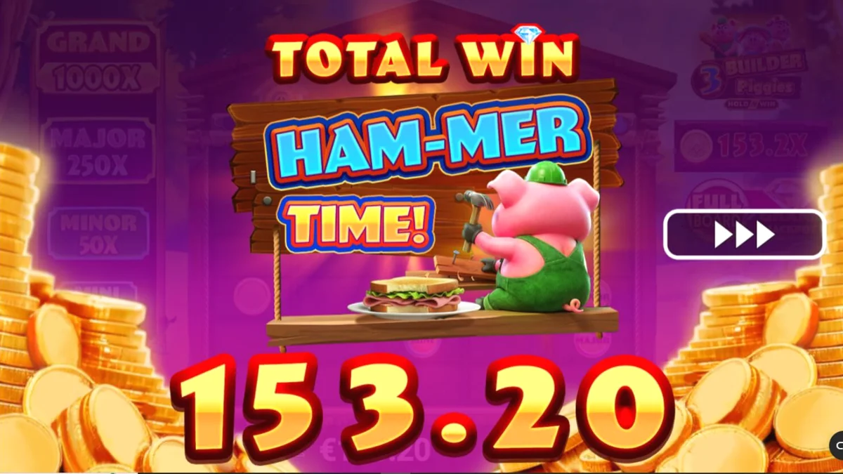 Tampilan visual slot 3 Builder Piggies dengan karakter babi dan rumah-rumah dongeng.