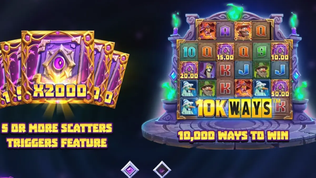 Tampilan antarmuka slot Wizbang Brawl 10K Ways dengan tema penyihir dan arena pertarungan.