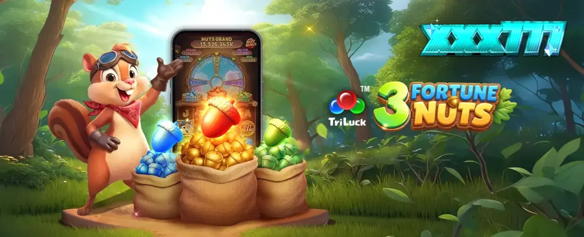Tampilan visual slot 3 Fortune Nuts dengan tema hutan dan karakter tupai