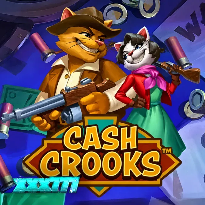 Tampilan layar permainan slot Cash Crooks dengan tema perampokan kucing